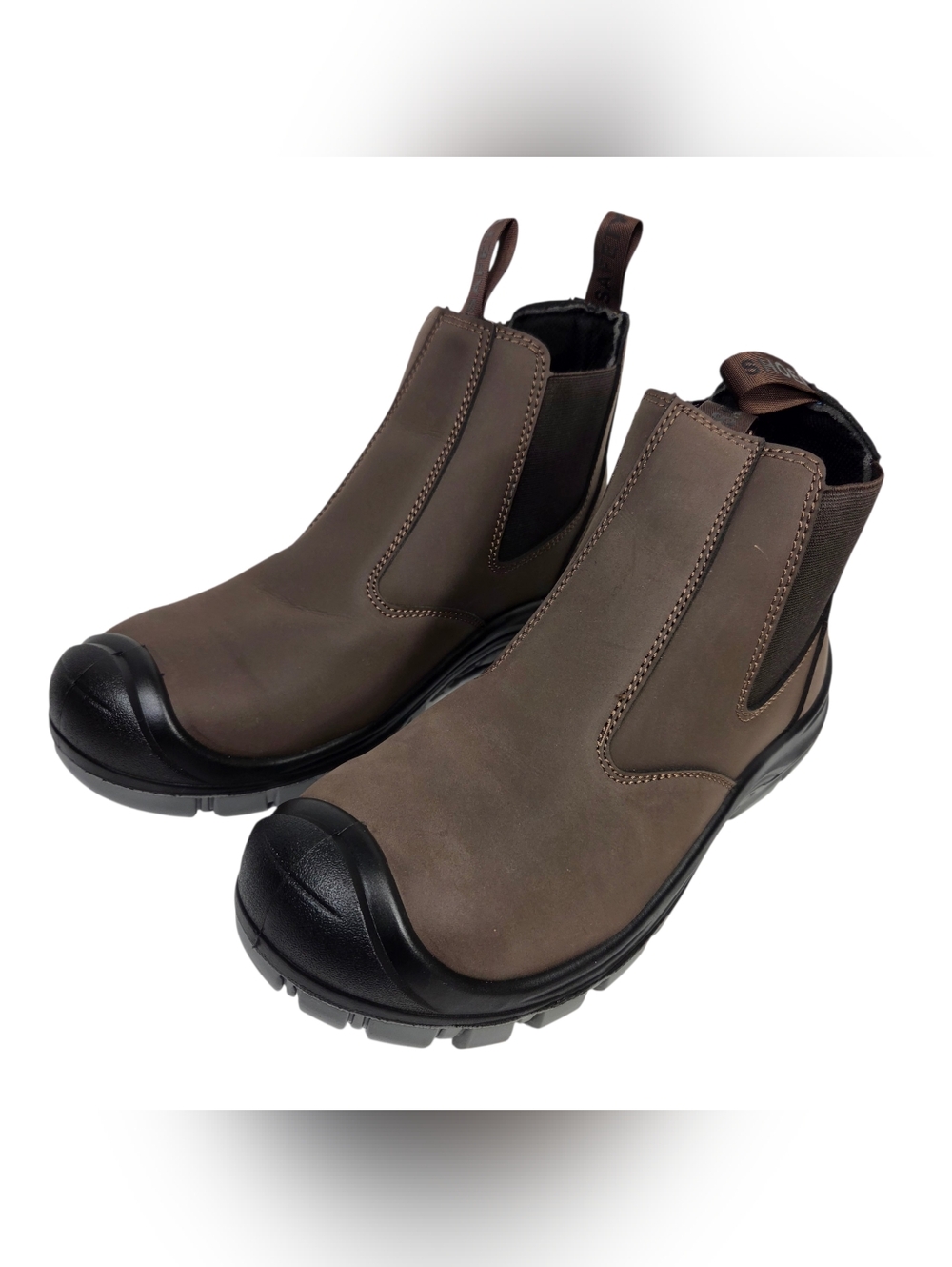 Men's Brown Work Chelsea Boots with Black Toe Guard. Size 11